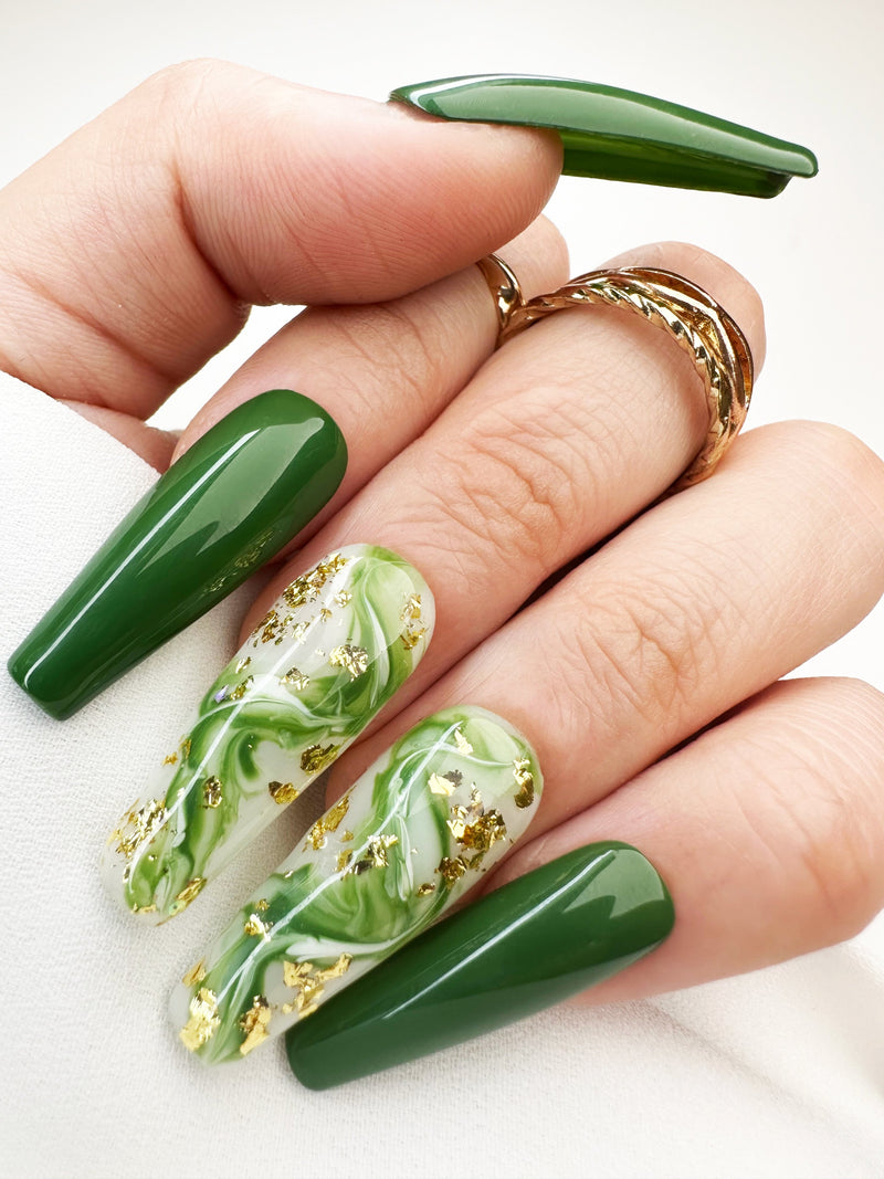 016 Handmade Green Marble Nails Acrylic Design Pressed On Nails - Made My Nail