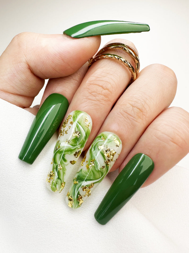 016 Handmade Green Marble Nails Acrylic Design Pressed On Nails - Made My Nail