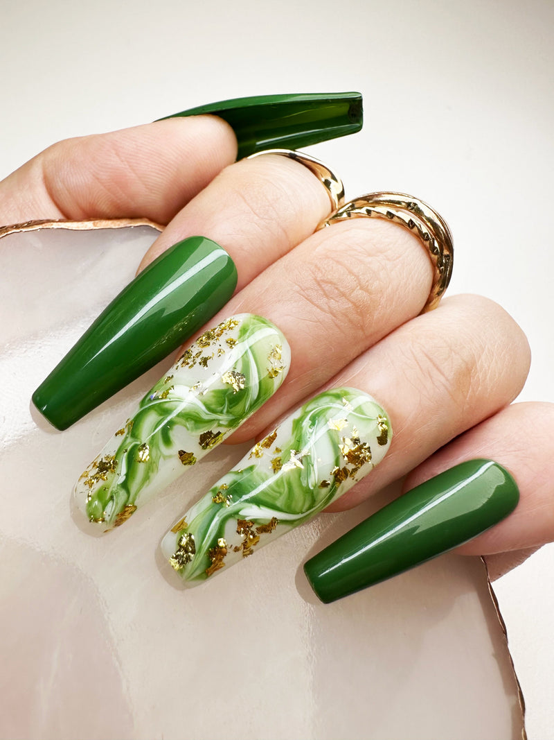 016 Handmade Green Marble Nails Acrylic Design Pressed On Nails - Made My Nail