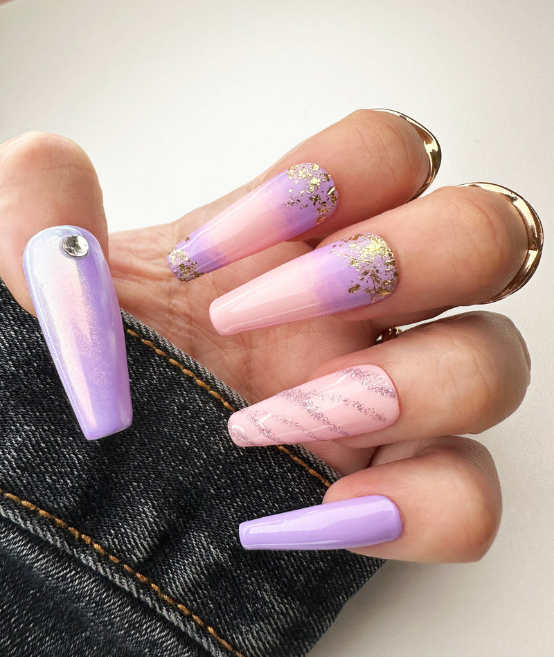 017 Handmade Baby Pink to Lavender Ombre with Gold Flakes Nails Art Design Pressed On Nails - Made My Nail