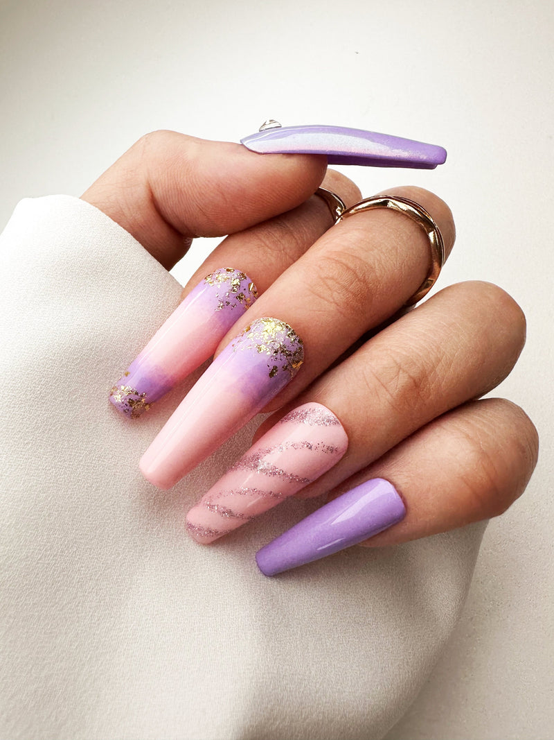 017 Handmade Baby Pink to Lavender Ombre with Gold Flakes Nails Art Design Pressed On Nails - Made My Nail