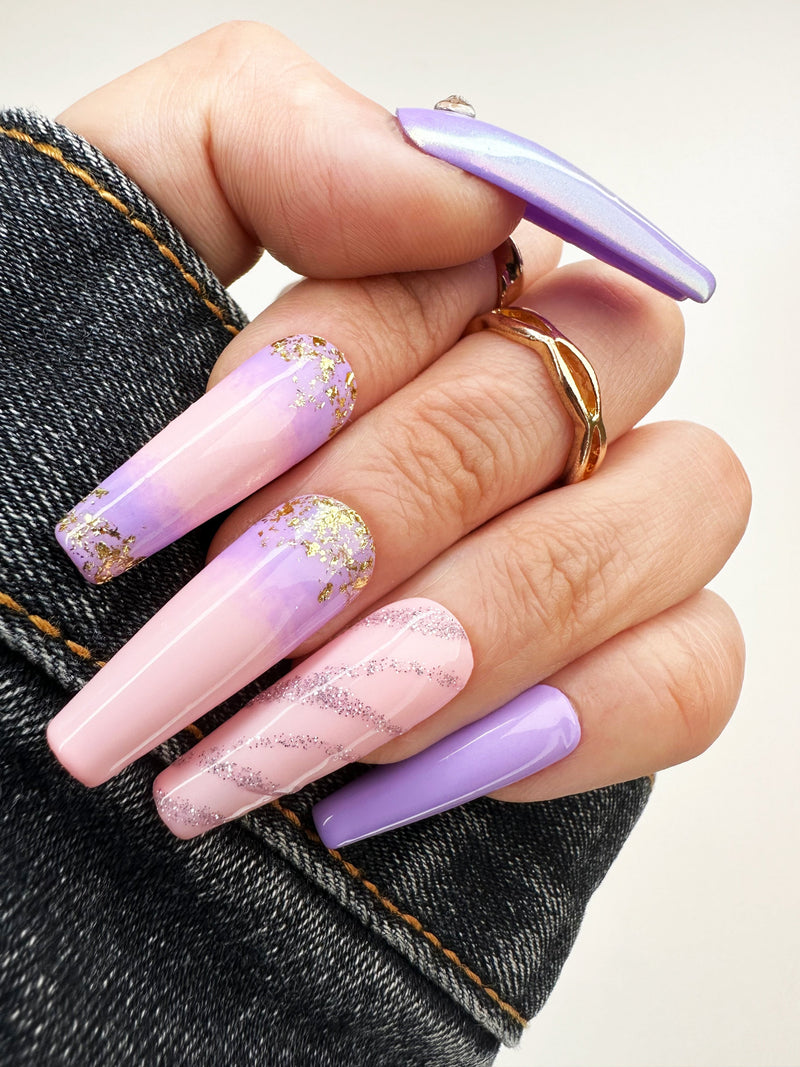 017 Handmade Baby Pink to Lavender Ombre with Gold Flakes Nails Art Design Pressed On Nails - Made My Nail