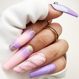 017 Handmade Baby Pink to Lavender Ombre with Gold Flakes Nails Art Design Pressed On Nails - Made My Nail