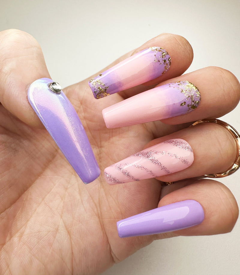 017 Handmade Baby Pink to Lavender Ombre with Gold Flakes Nails Art Design Pressed On Nails - Made My Nail