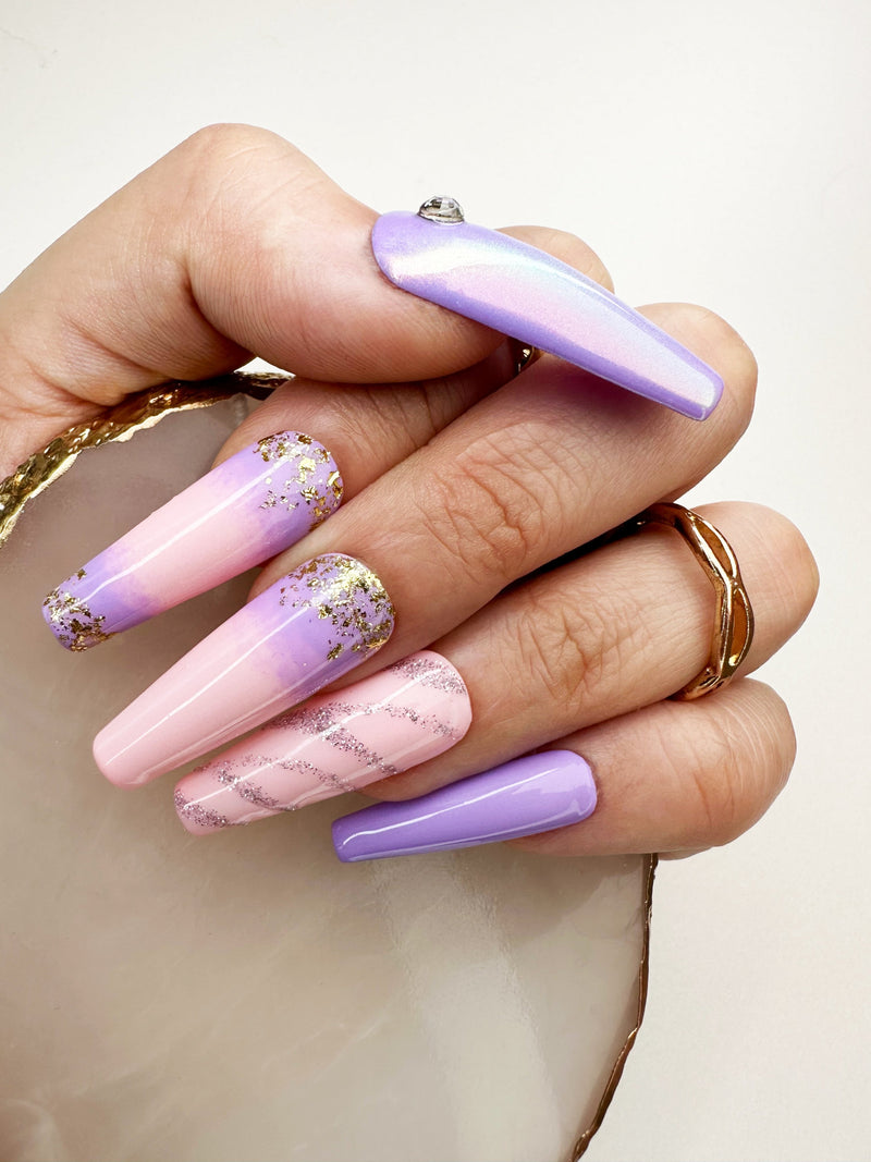 017 Handmade Baby Pink to Lavender Ombre with Gold Flakes Nails Art Design Pressed On Nails - Made My Nail