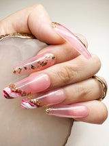 020 Handmade Glass Clear Pink Watercolor & Gold Flakes Nails Art Design Pressed On Nails - Made My Nail