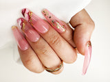 020 Handmade Glass Clear Pink Watercolor & Gold Flakes Nails Art Design Pressed On Nails - Made My Nail