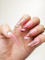 020 Handmade Glass Clear Pink Watercolor & Gold Flakes Nails Art Design Pressed On Nails - Made My Nail