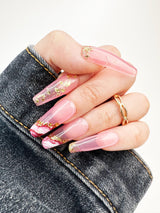 020 Handmade Glass Clear Pink Watercolor & Gold Flakes Nails Art Design Pressed On Nails - Made My Nail