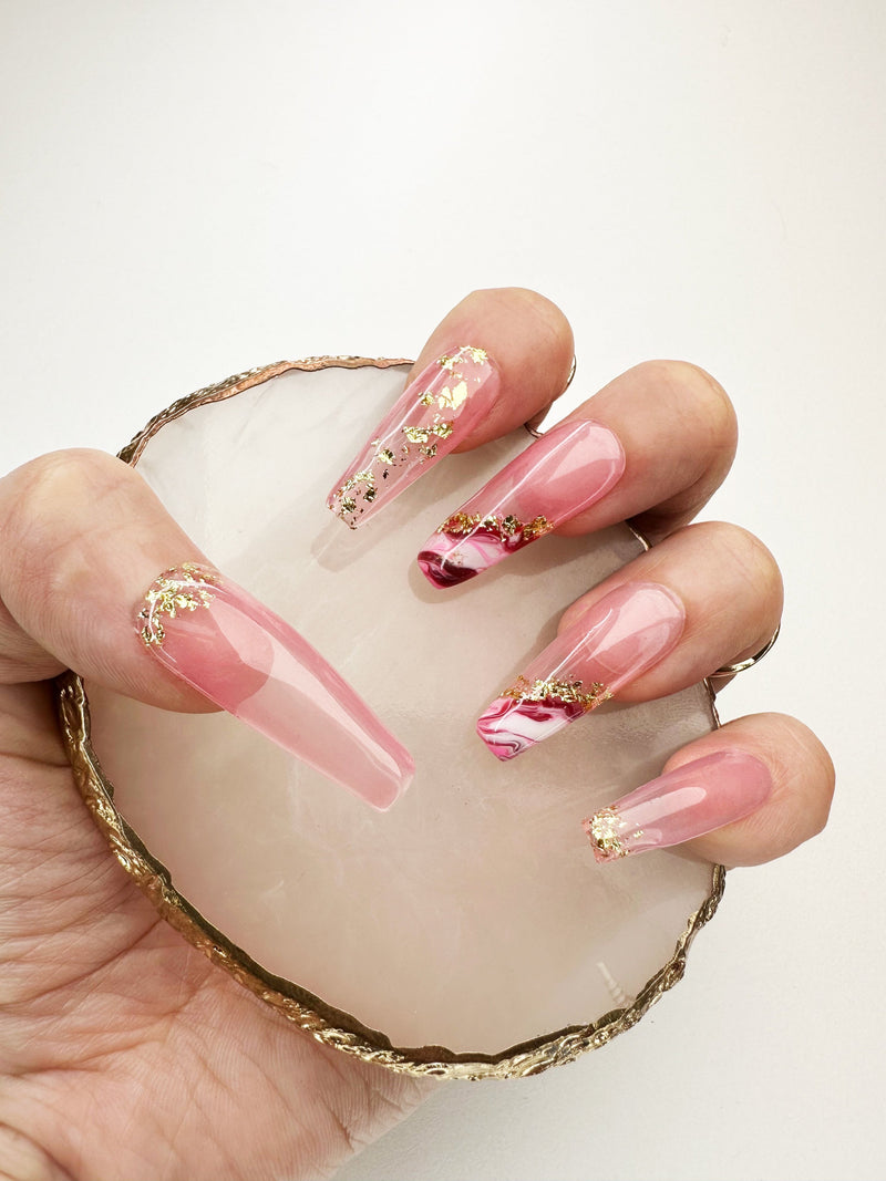 020 Handmade Glass Clear Pink Watercolor & Gold Flakes Nails Art Design Pressed On Nails - Made My Nail