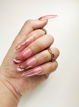 020 Handmade Glass Clear Pink Watercolor & Gold Flakes Nails Art Design Pressed On Nails - Made My Nail