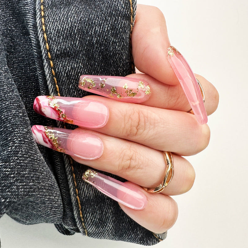 020 Handmade Glass Clear Pink Watercolor & Gold Flakes Nails Art Design Pressed On Nails - Made My Nail