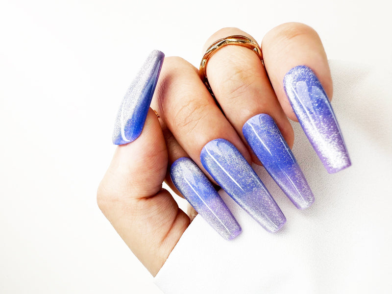 027 Handmade Shinny Navy Blue & Purple Ombre Nails Art Design Pressed On Nails - Made My Nail