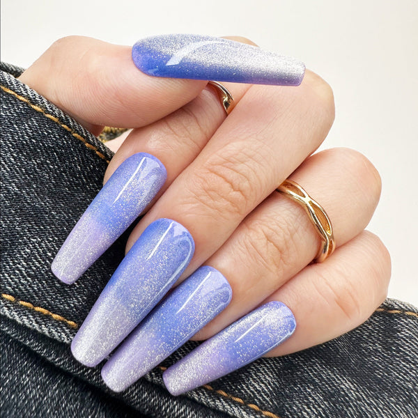 027 Handmade Shinny Navy Blue & Purple Ombre Nails Art Design Pressed On Nails - Made My Nail