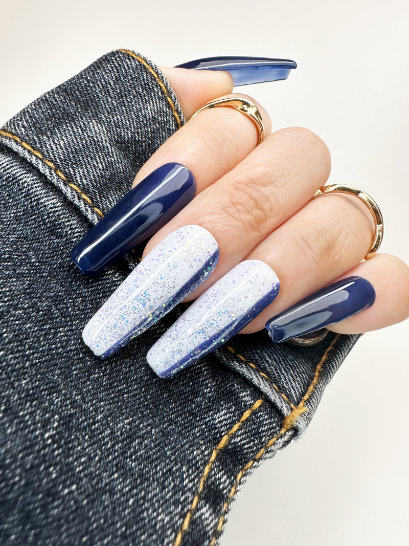 028 Handmade Navy Blue & White with Glitter Nails Art Design Pressed On Nails - Made My Nail