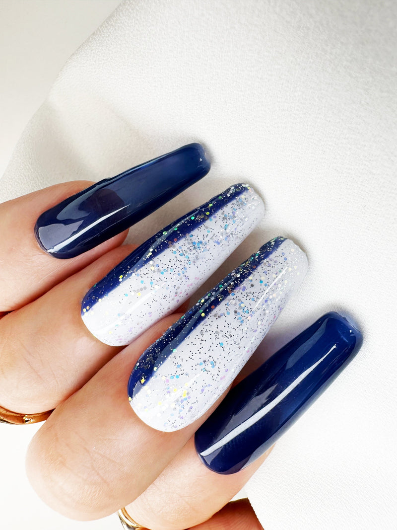 028 Handmade Navy Blue & White with Glitter Nails Art Design Pressed On Nails - Made My Nail