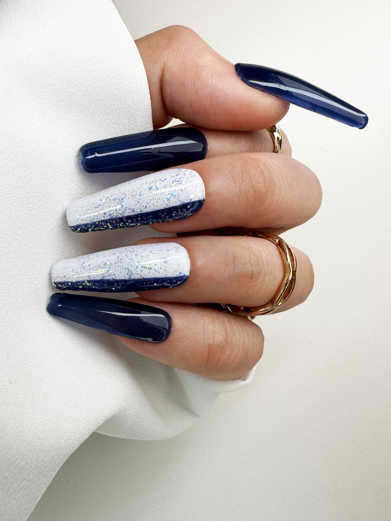 028 Handmade Navy Blue & White with Glitter Nails Art Design Pressed On Nails - Made My Nail