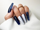 028 Handmade Navy Blue & White with Glitter Nails Art Design Pressed On Nails - Made My Nail