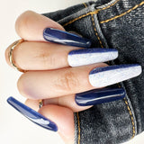 028 Handmade Navy Blue & White with Glitter Nails Art Design Pressed On Nails - Made My Nail