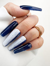 028 Handmade Navy Blue & White with Glitter Nails Art Design Pressed On Nails - Made My Nail