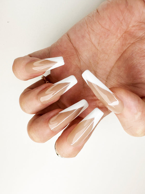 030 Handmade Nude with White French Tip Nails Art Design Pressed On Nails - Made My Nail