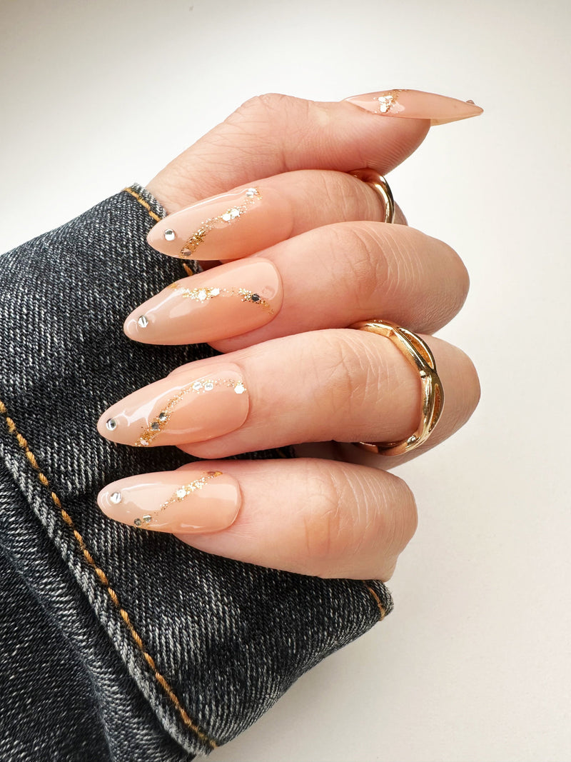 038 Handmade Nude with Rhinestones & Gold Glitter Line Nails Art Design Pressed On Nails - Made My Nail