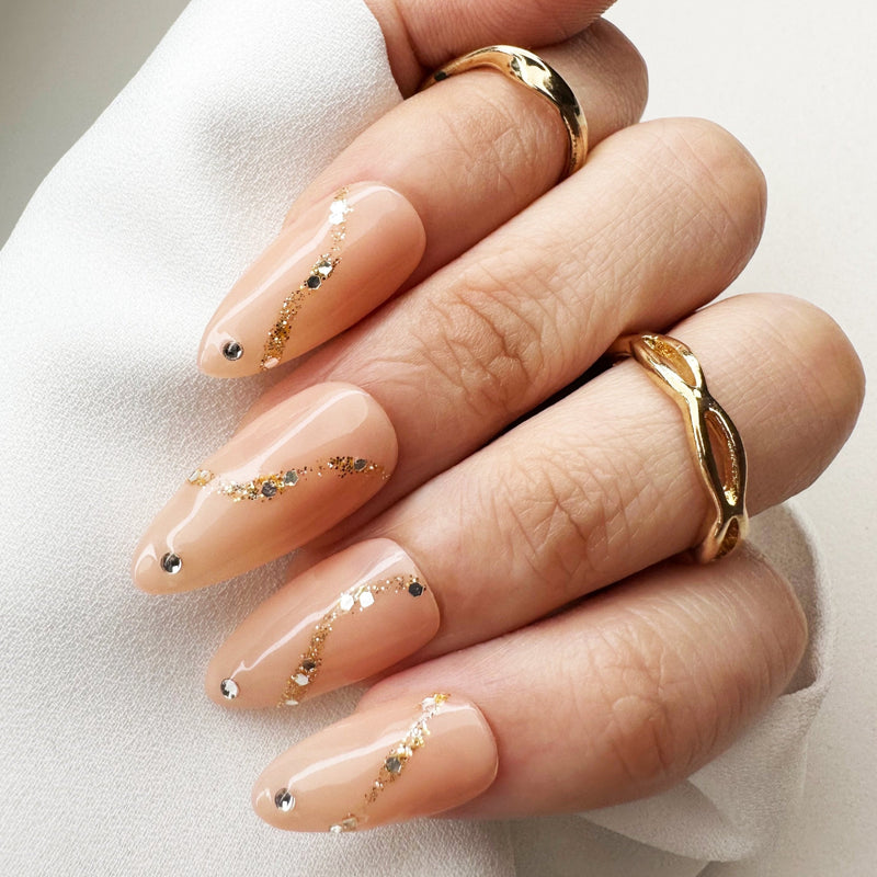 038 Handmade Nude with Rhinestones & Gold Glitter Line Nails Art Design Pressed On Nails - Made My Nail