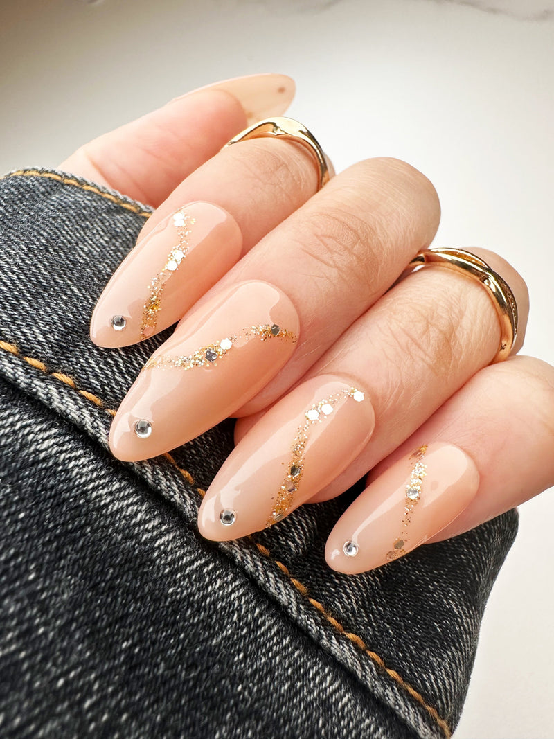 038 Handmade Nude with Rhinestones & Gold Glitter Line Nails Art Design Pressed On Nails - Made My Nail