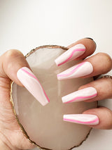 039 Handmade Baby Pink with Hot Pink Lines Nails Art Design Pressed On Nails - Made My Nail