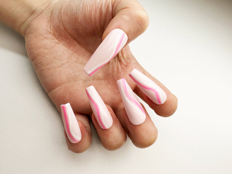 039 Handmade Baby Pink with Hot Pink Lines Nails Art Design Pressed On Nails - Made My Nail