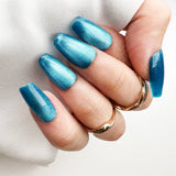 044 Handmade Ocean Blue with Cat Eyes Sheen Nails Art Design Pressed On Nails - Made My Nail