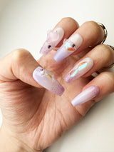 047 Handmade Baby Pink Purple Ombre with Glitter Crystal & Rhinestones Nails Art Design Pressed On Nails - Made My Nail