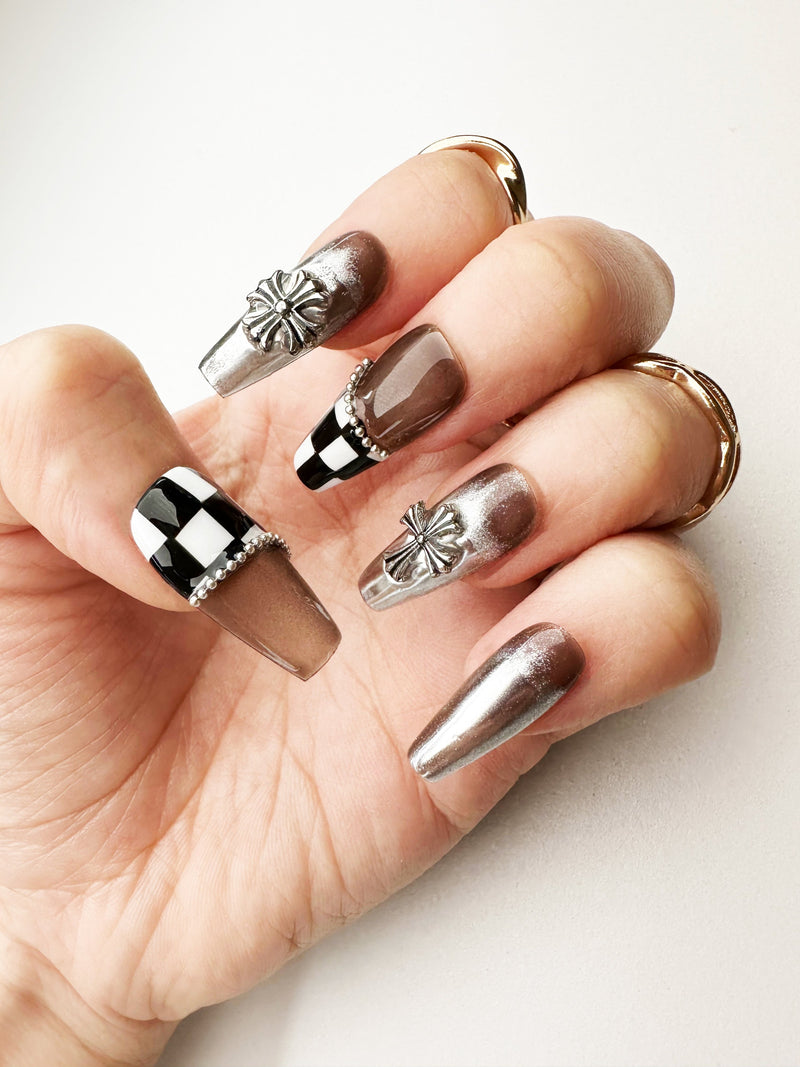 049 Handmade Silver Black and White Grids with Crosses Nails Art Design Pressed On Nails - Made My Nail