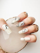 050 Handmade Cream White French Tip with Rhinestones Nails Art Design Pressed On Nails - Made My Nail