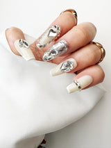 050 Handmade Cream White French Tip with Rhinestones Nails Art Design Pressed On Nails - Made My Nail