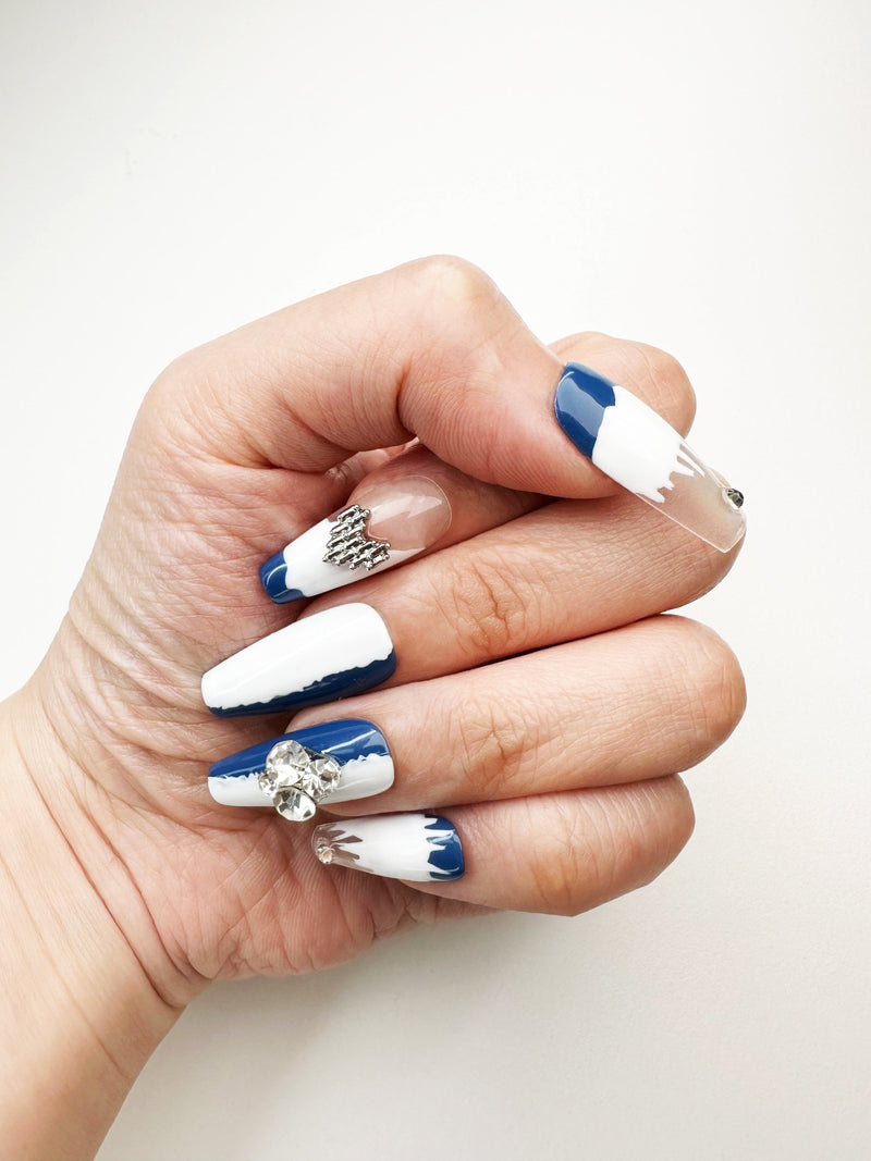 057 Handmade White & Navy Blue with Rhinestones & Heart Acryclic Like Pressed On Nails - Made My Nail