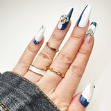 057 Handmade White & Navy Blue with Rhinestones & Heart Acryclic Like Pressed On Nails - Made My Nail