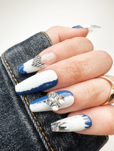 057 Handmade White & Navy Blue with Rhinestones & Heart Acryclic Like Pressed On Nails - Made My Nail