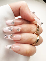 058 Handmade Glass Clear Baby Pink French Tip with Rhinestones Acryclic Like Pressed On Nails - Made My Nail