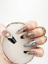 059 Handmade Glass Clear Black & Silver with Heart Acryclic Like Pressed On Nails - Made My Nail