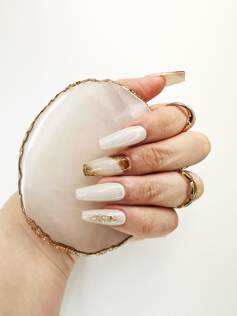 061 Handmade Coconut Milk Coffee with Silver Acryclic Like Pressed On Nails - Made My Nail