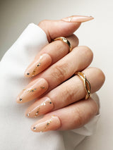 038 Handmade Nude with Rhinestones & Gold Glitter Line Nails Art Design Pressed On Nails