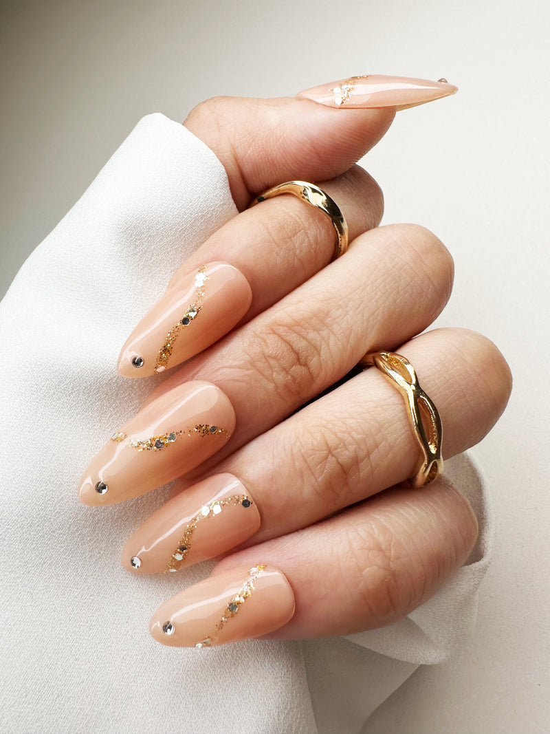 038 Handmade Nude with Rhinestones & Gold Glitter Line Nails Art Design Pressed On Nails