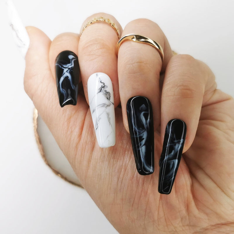 Handmade Black & White Marble Acryclic Like Pressed On Nails - Made My Nail