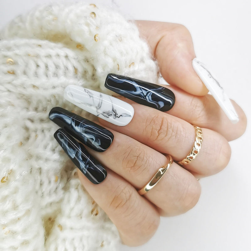 Handmade Black & White Marble Acryclic Like Pressed On Nails - Made My Nail