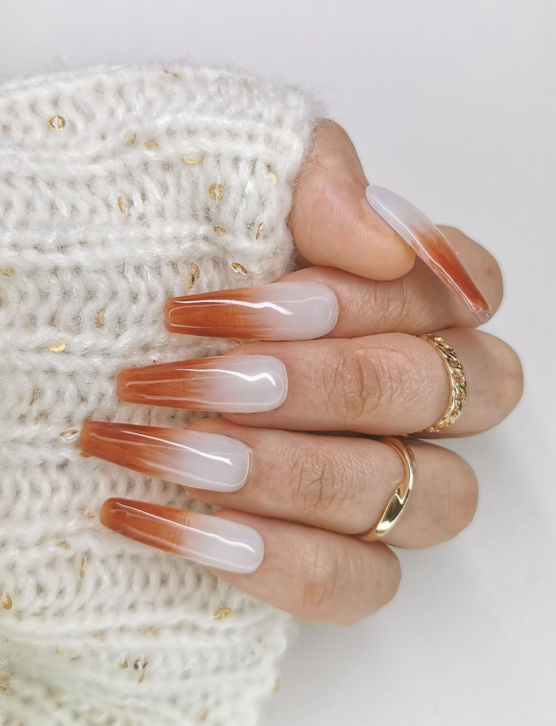 Handmade Design Rose Brown French Tip Ombre Pastel Nail Art Design Pressed On Nails - Made My Nail