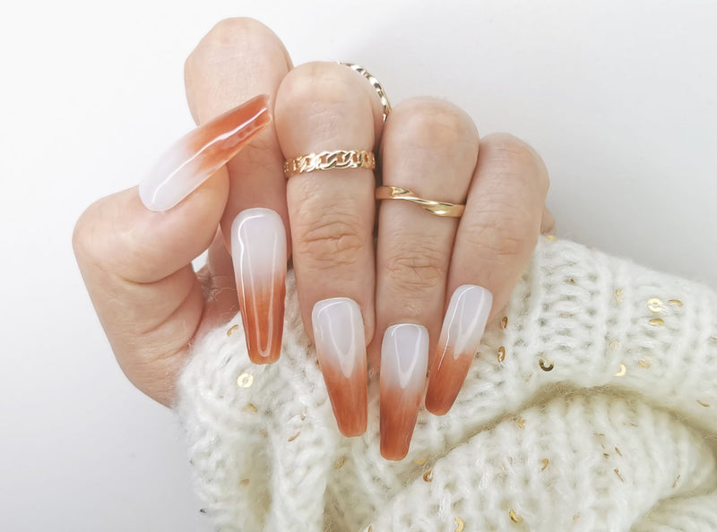 Handmade Design Rose Brown French Tip Ombre Pastel Nail Art Design Pressed On Nails - Made My Nail