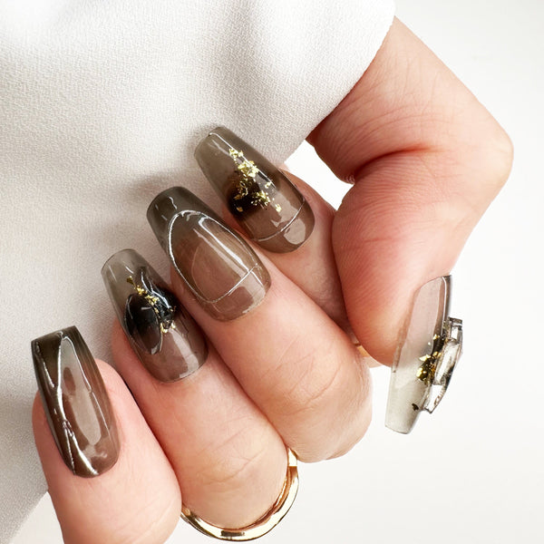 Handmade Glass Clear Black with Gold Flakes Nails Art Design Pressed On Nails - Made My Nail