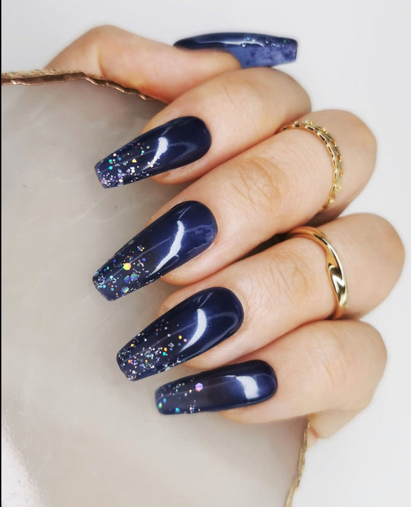 Handmade Night Blue Sky Glitter Nails Art Design Pressed On Nails - Made My Nail